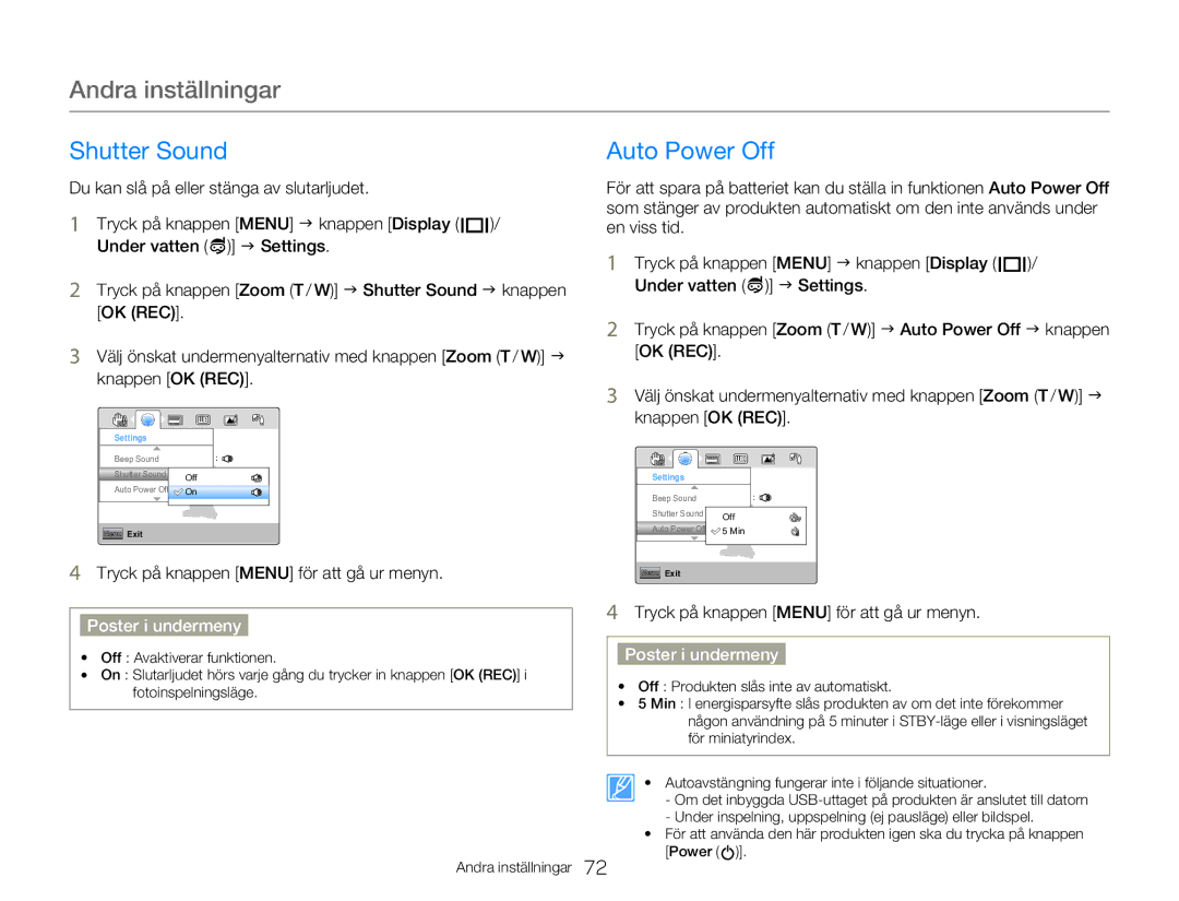 Samsung HMX-W350YP/EDC, HMX-W300YP/EDC manual Shutter Sound Auto Power Off 