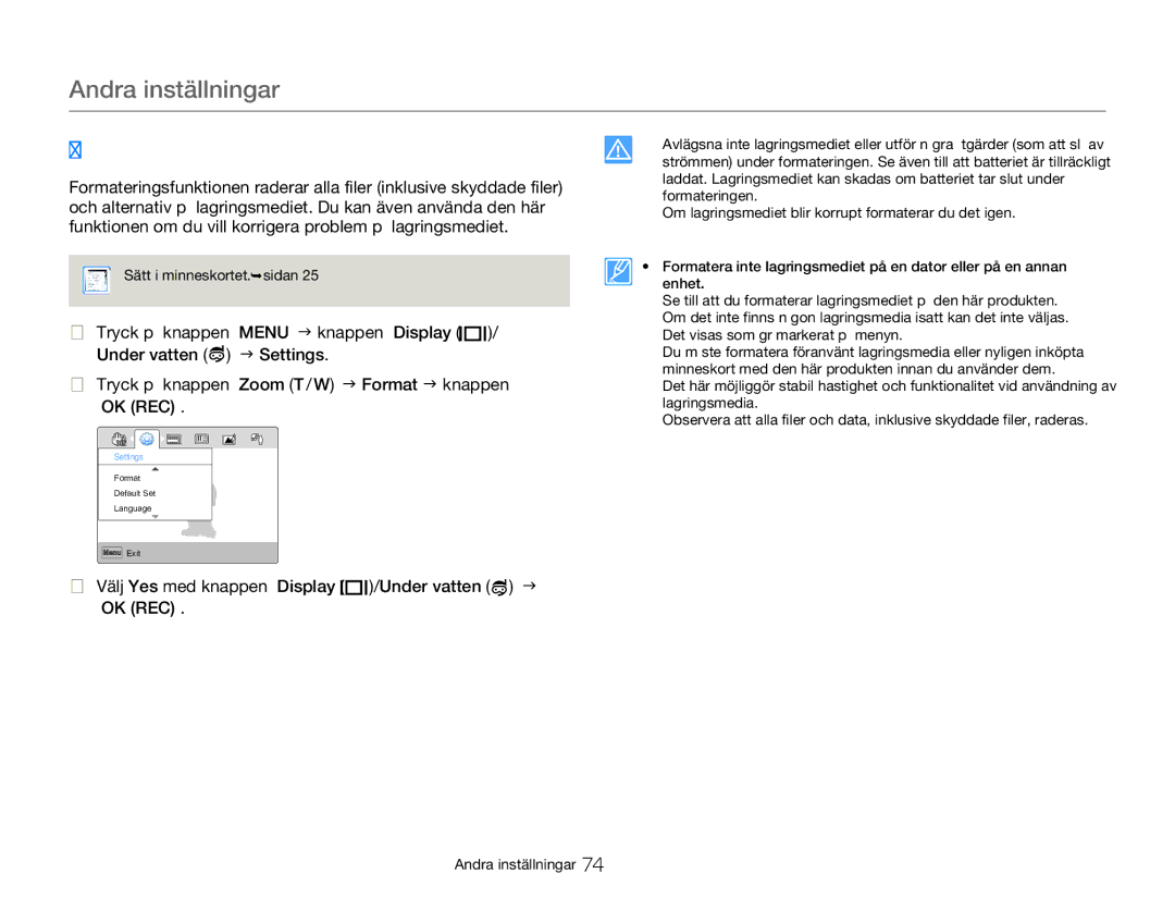 Samsung HMX-W350YP/EDC, HMX-W300YP/EDC manual Format, Välj Yes med knappen Display /Under vatten J OK REC 