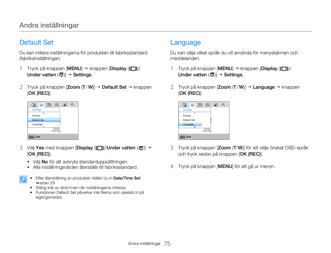 Samsung HMX-W300YP/EDC, HMX-W350YP/EDC manual Default Set, Language 