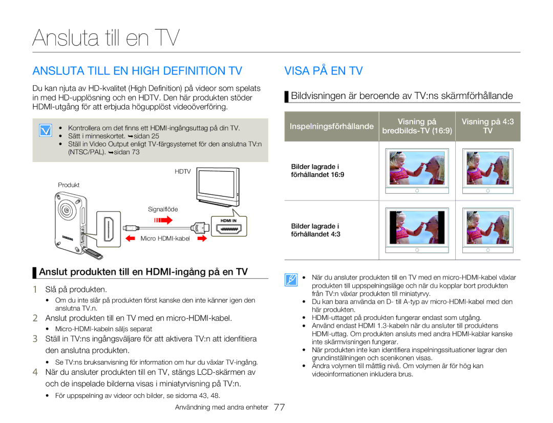 Samsung HMX-W300YP/EDC, HMX-W350YP/EDC manual Ansluta till en TV, Ansluta Till EN High Definition TV, Visa PÅ EN TV 