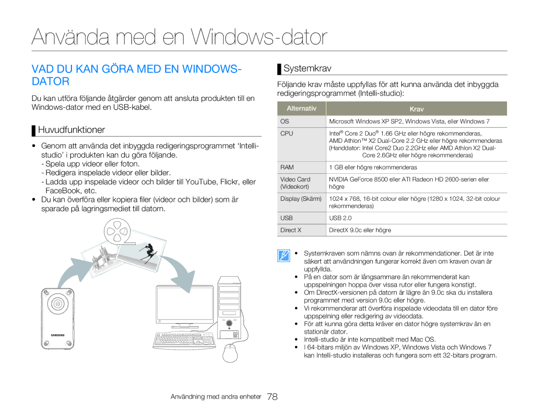 Samsung HMX-W350YP/EDC Använda med en Windows-dator, VAD DU KAN Göra MED EN WINDOWS- Dator, Huvudfunktioner, Systemkrav 