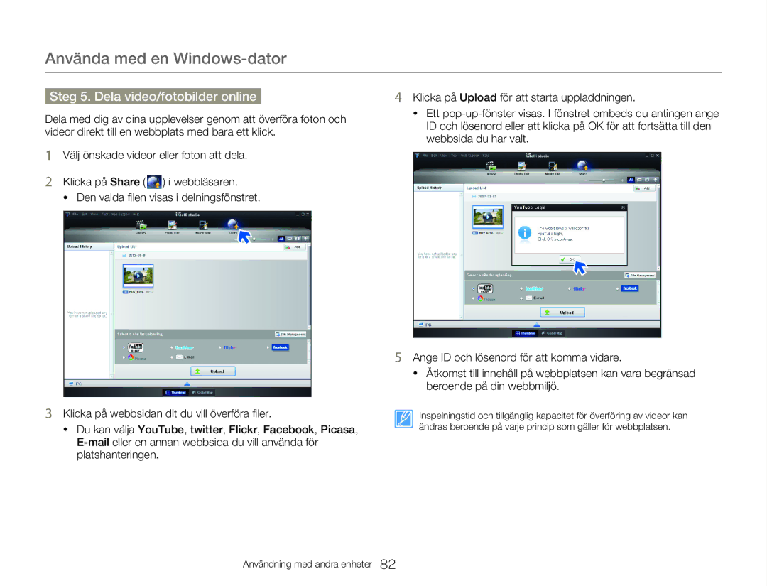 Samsung HMX-W350YP/EDC, HMX-W300YP/EDC manual Steg 5. Dela video/fotobilder online 