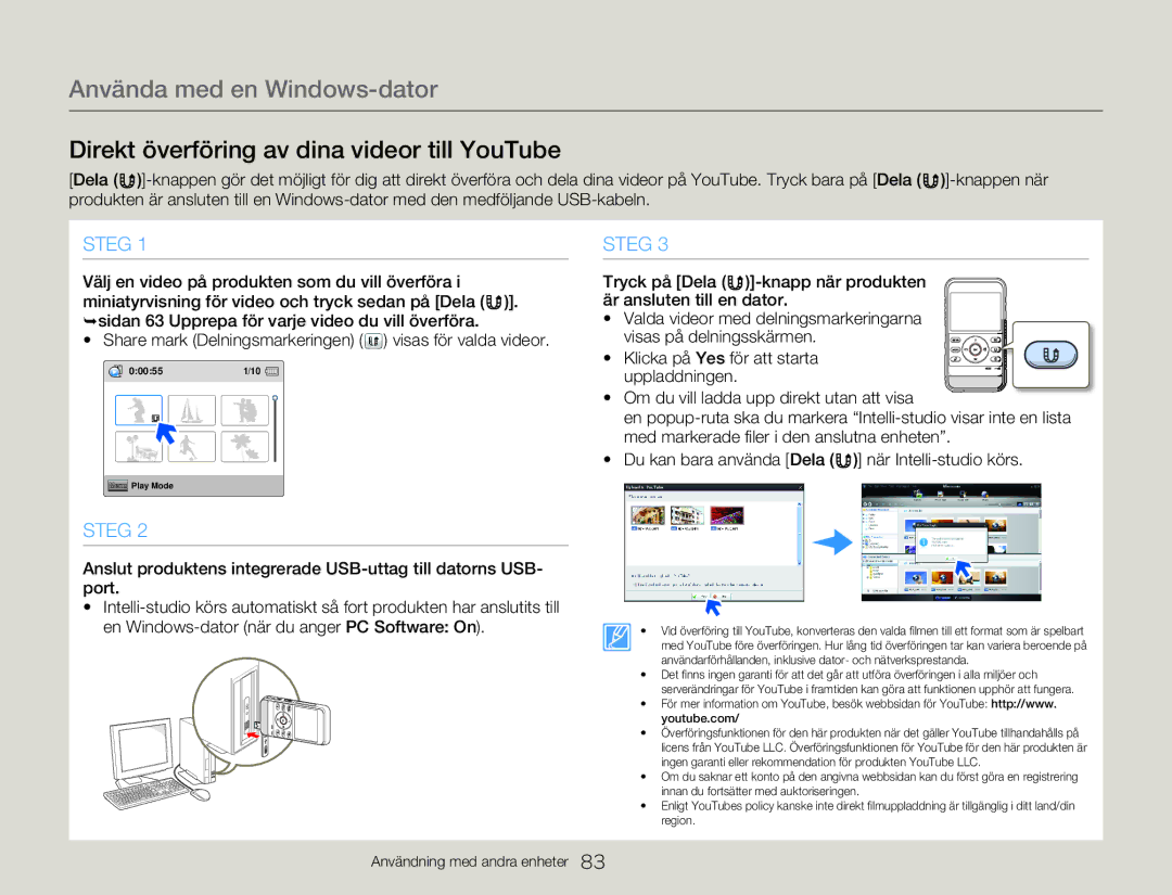 Samsung HMX-W300YP/EDC, HMX-W350YP/EDC manual Direkt överföring av dina videor till YouTube 