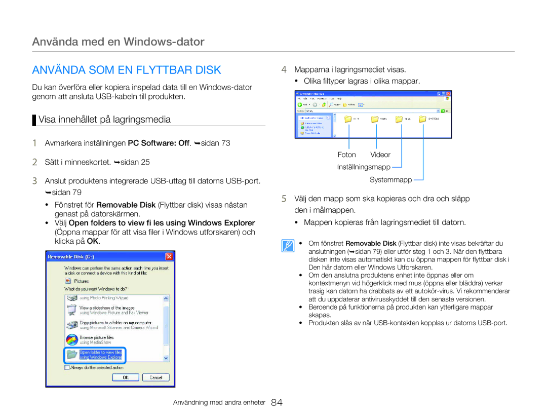 Samsung HMX-W350YP/EDC, HMX-W300YP/EDC manual Använda SOM EN Flyttbar Disk, Visa innehållet på lagringsmedia 