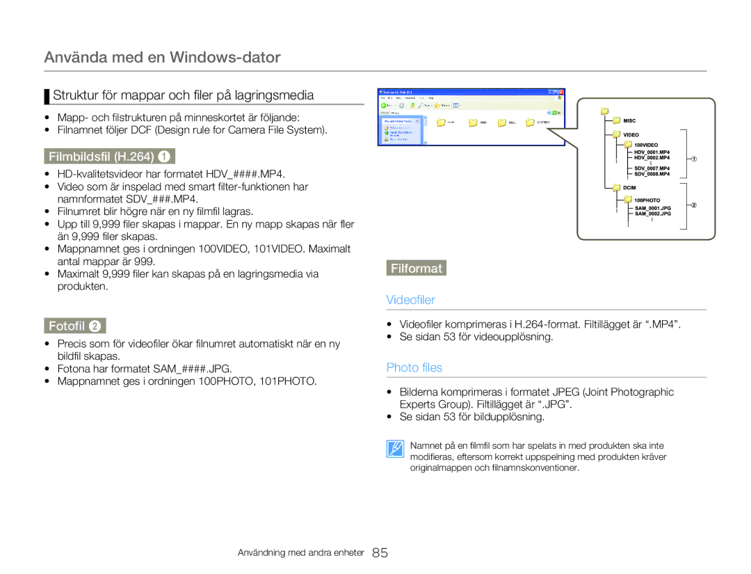 Samsung HMX-W300YP/EDC manual Struktur för mappar och filer på lagringsmedia, Filmbildsfil H.264, Fotofil, Filformat 