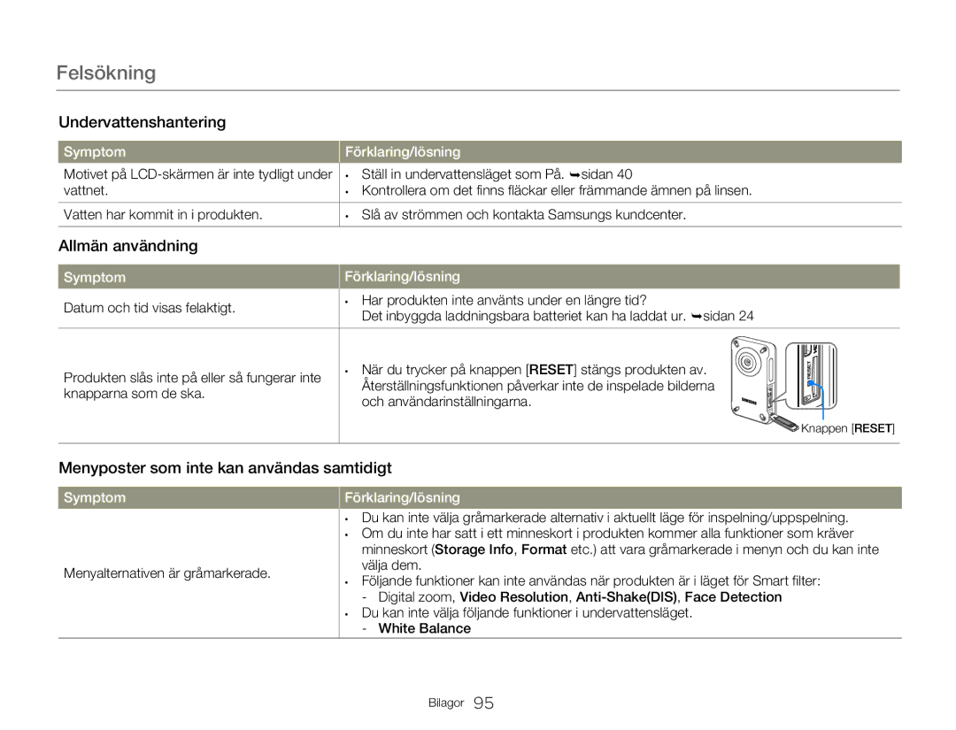 Samsung HMX-W300YP/EDC Allmän användning, Menyposter som inte kan användas samtidigt, Menyalternativen är gråmarkerade 