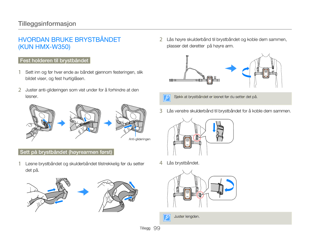 Samsung HMX-W300YP/EDC, HMX-W350YP/EDC manual Hvordan Bruke Brystbåndet KUN HMX-W350, Fest holderen til brystbåndet 