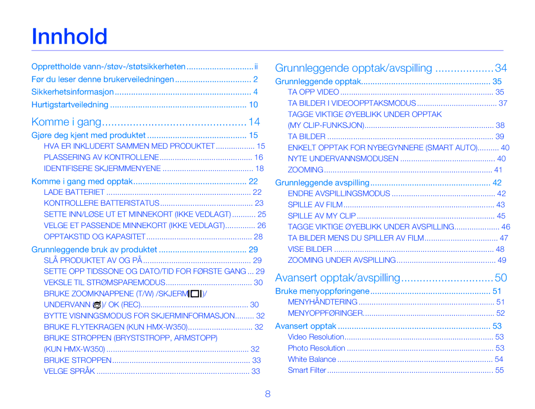 Samsung HMX-W350YP/EDC, HMX-W300YP/EDC manual Innhold, Grunnleggende bruk av produktet 