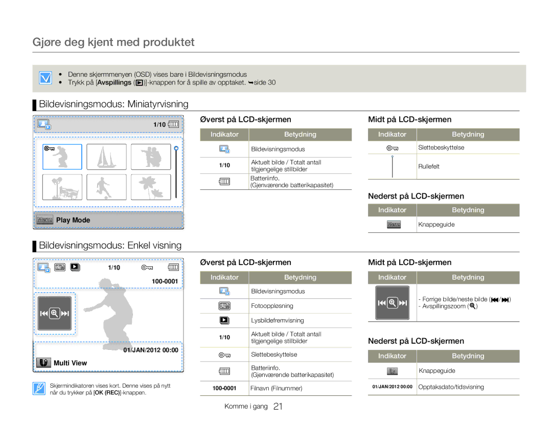 Samsung HMX-W300YP/EDC, HMX-W350YP/EDC manual Bildevisningsmodus Miniatyrvisning, Bildevisningsmodus Enkel visning 