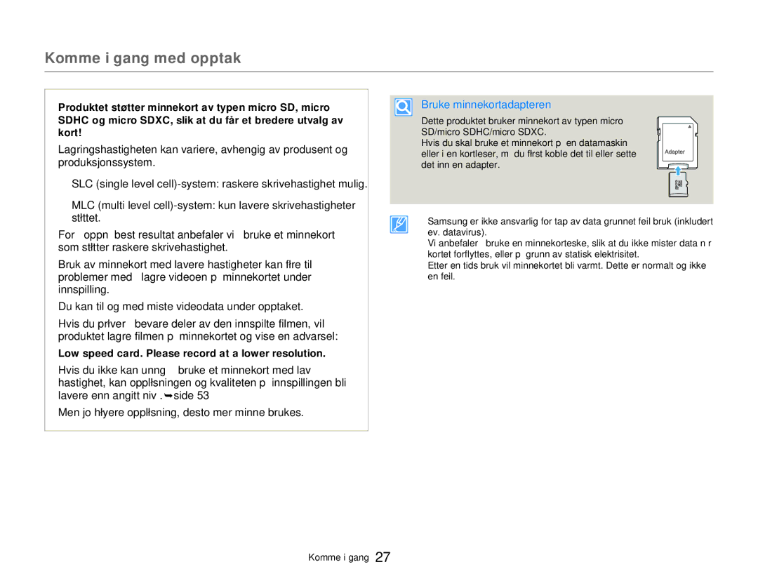 Samsung HMX-W300YP/EDC, HMX-W350YP/EDC manual Bruke minnekortadapteren 