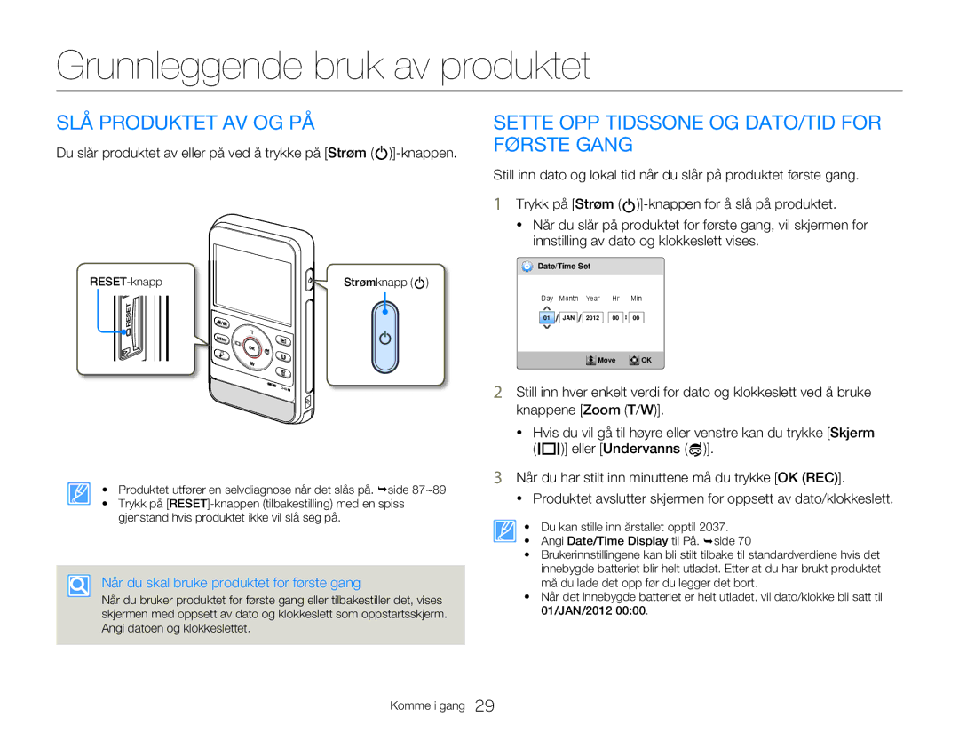 Samsung HMX-W300YP/EDC, HMX-W350YP/EDC manual Grunnleggende bruk av produktet, SLÅ Produktet AV OG PÅ 