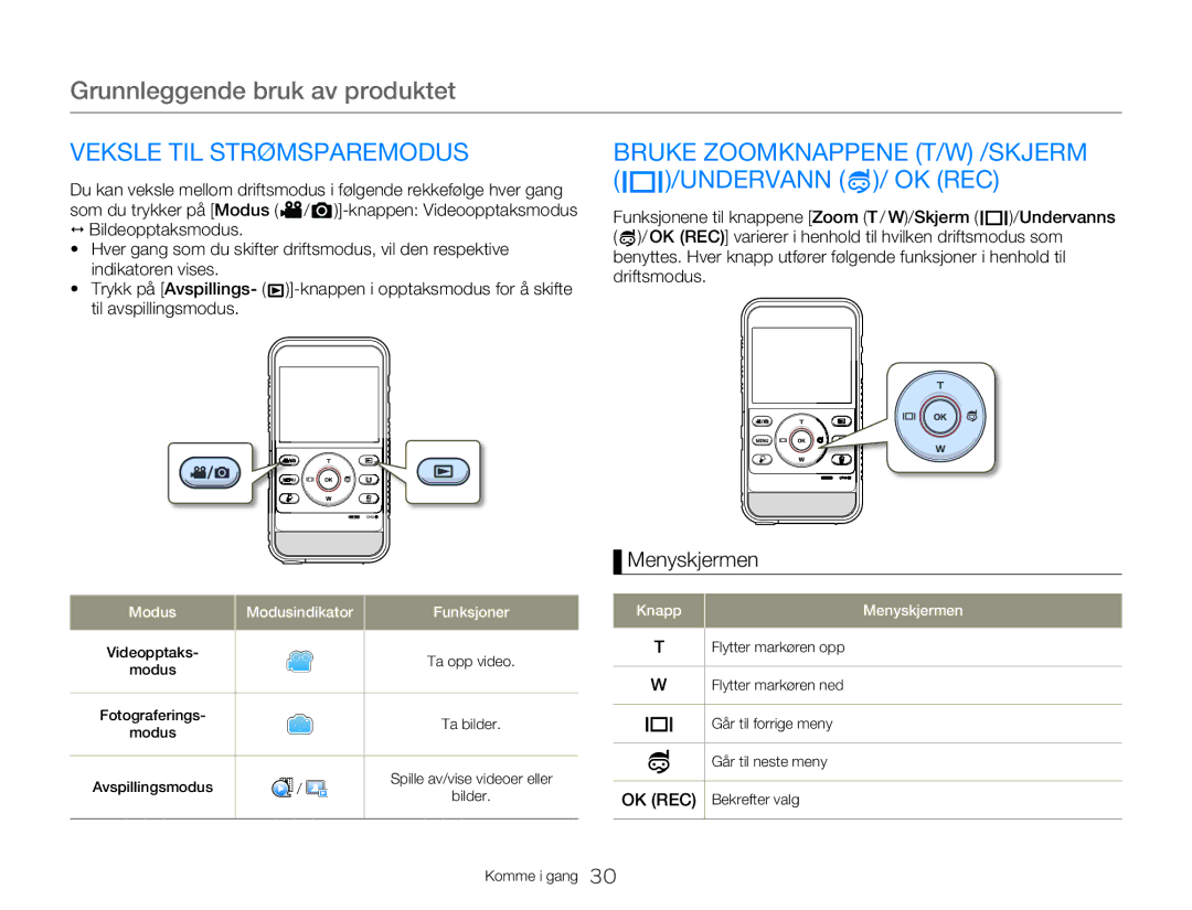 Samsung HMX-W350YP/EDC manual Grunnleggende bruk av produktet, Veksle TIL Strømsparemodus, Bruke Zoomknappene T/W /SKJERM 