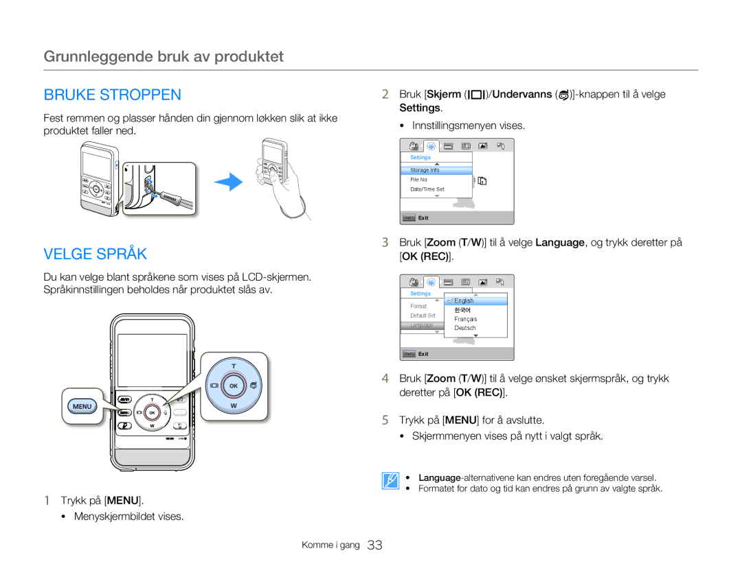 Samsung HMX-W300YP/EDC, HMX-W350YP/EDC manual Bruke Stroppen, Velge Språk, Trykk på Menu Menyskjermbildet vises 