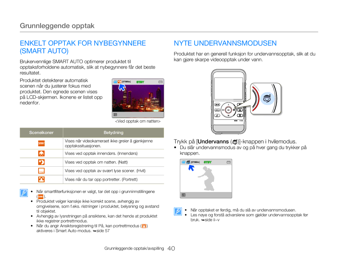 Samsung HMX-W350YP/EDC, HMX-W300YP/EDC manual Enkelt Opptak for Nybegynnere Smart Auto, Nyte Undervannsmodusen 