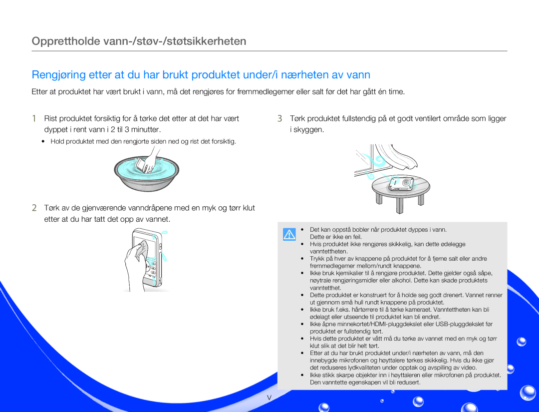 Samsung HMX-W300YP/EDC, HMX-W350YP/EDC manual Opprettholde vann-/støv-/støtsikkerheten 