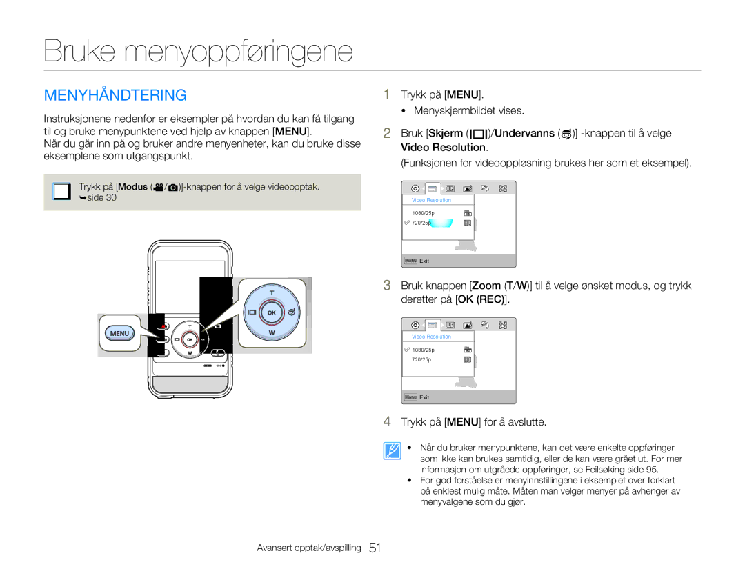 Samsung HMX-W300YP/EDC, HMX-W350YP/EDC manual Bruke menyoppføringene, Menyhåndtering 