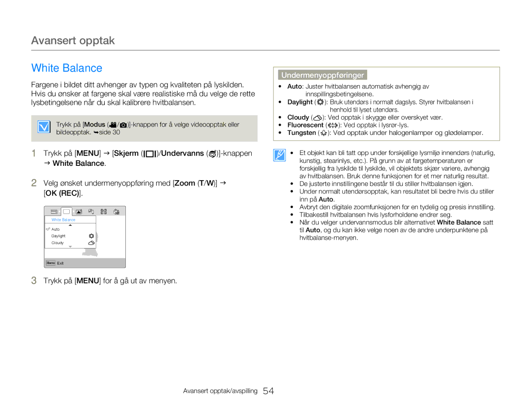 Samsung HMX-W350YP/EDC, HMX-W300YP/EDC manual Avansert opptak, White Balance 