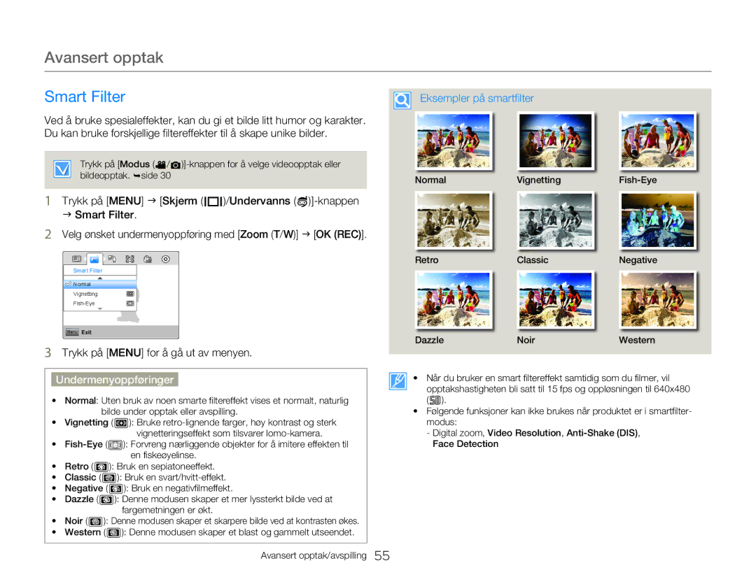 Samsung HMX-W300YP/EDC, HMX-W350YP/EDC manual Smart Filter, Eksempler på smartfilter 