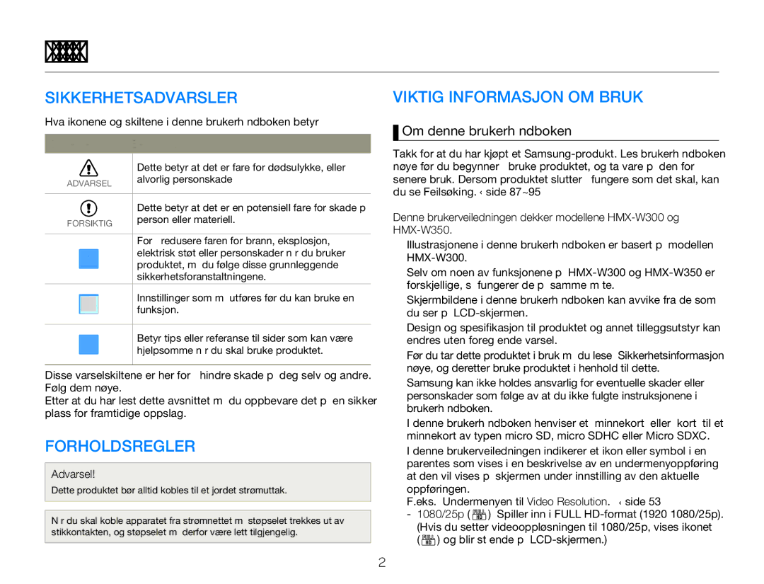 Samsung HMX-W350YP/EDC, HMX-W300YP/EDC manual Før du leser denne brukerveiledningen, Sikkerhetsadvarsler, Forholdsregler 