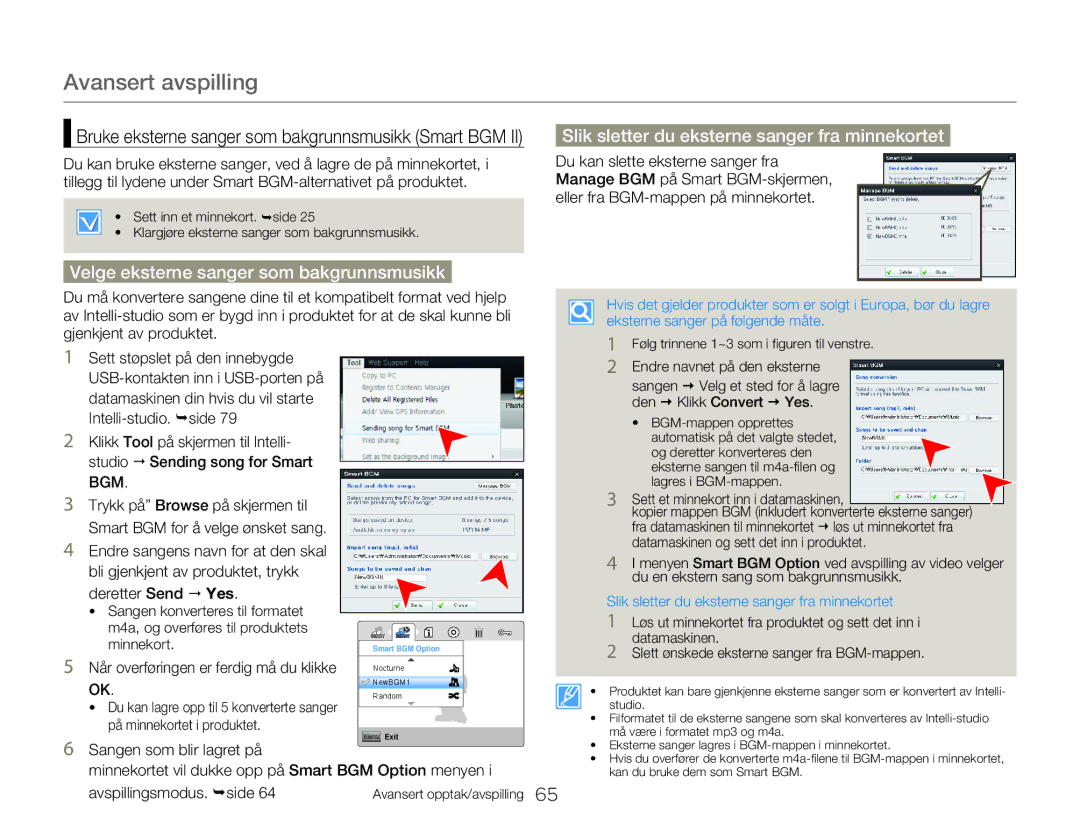 Samsung HMX-W300YP/EDC manual Velge eksterne sanger som bakgrunnsmusikk, Slik sletter du eksterne sanger fra minnekortet 