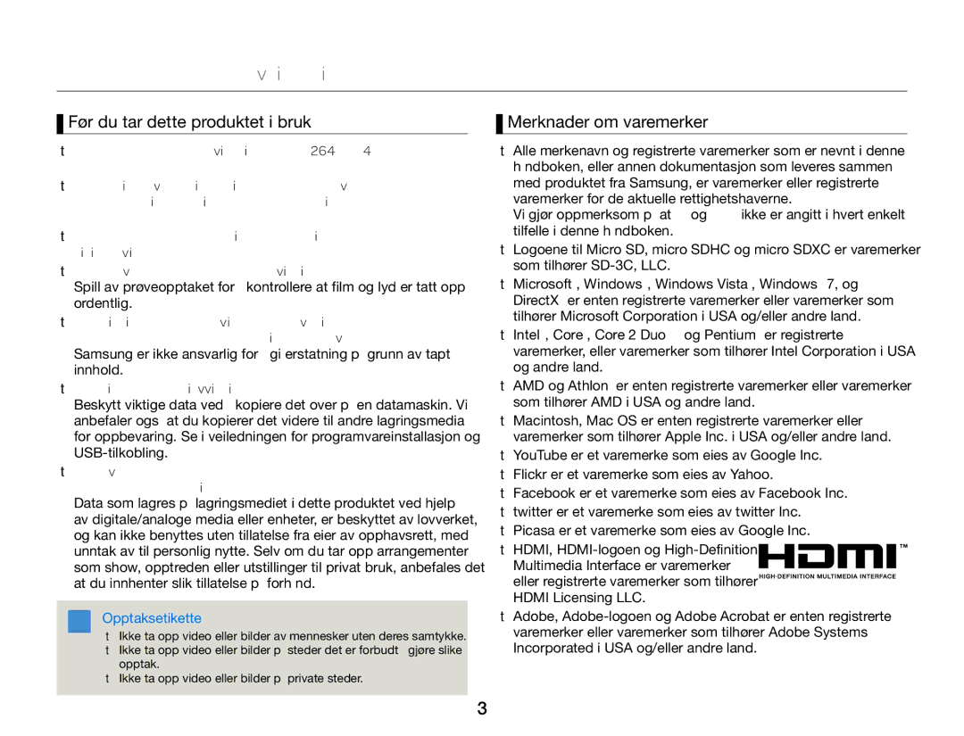 Samsung HMX-W300YP/EDC Før du leser denne brukerveiledningen, Før du tar dette produktet i bruk, Merknader om varemerker 