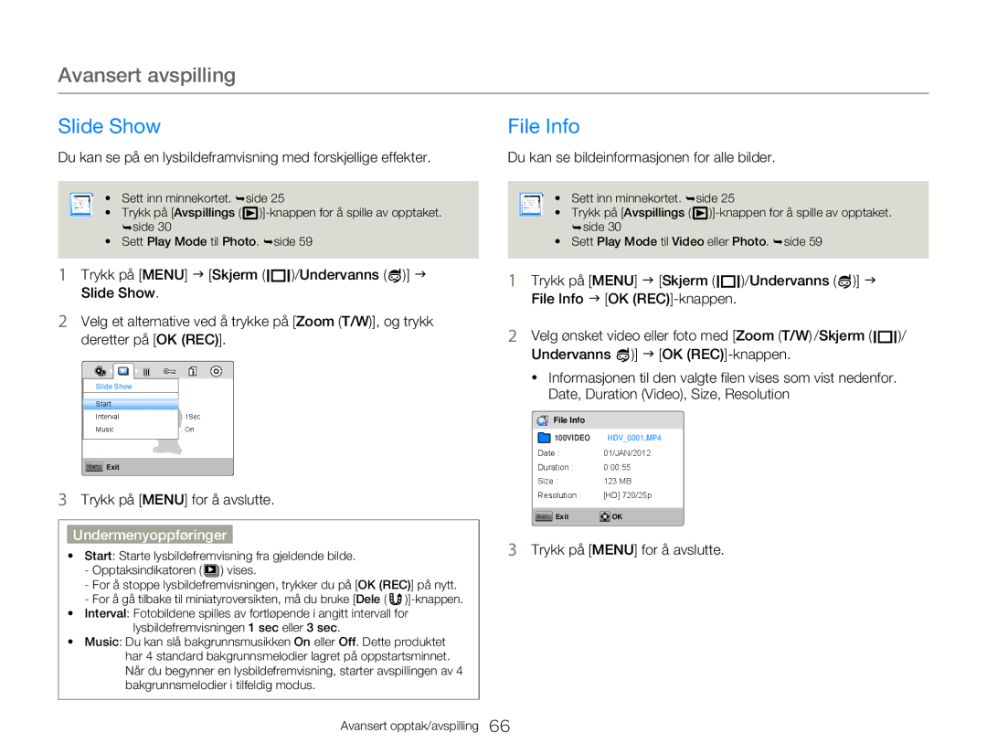 Samsung HMX-W350YP/EDC, HMX-W300YP/EDC manual Slide Show File Info, Du kan se bildeinformasjonen for alle bilder 