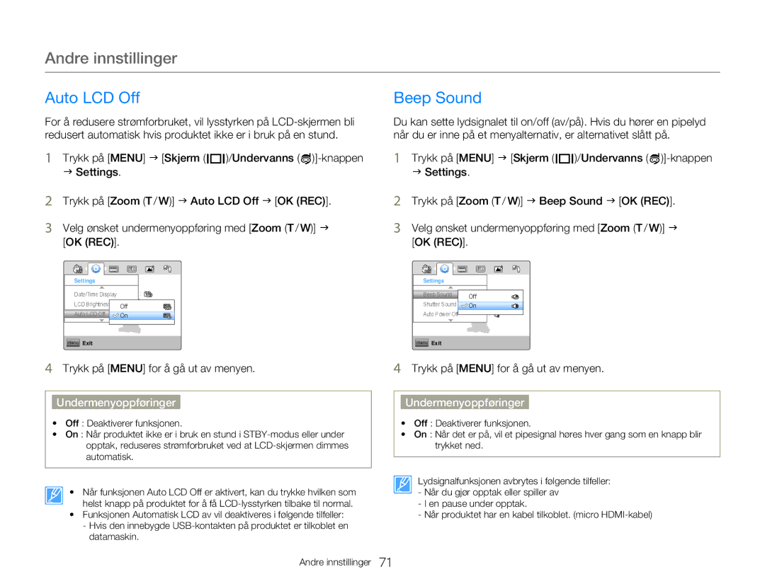 Samsung HMX-W300YP/EDC, HMX-W350YP/EDC manual Auto LCD Off, Beep Sound 