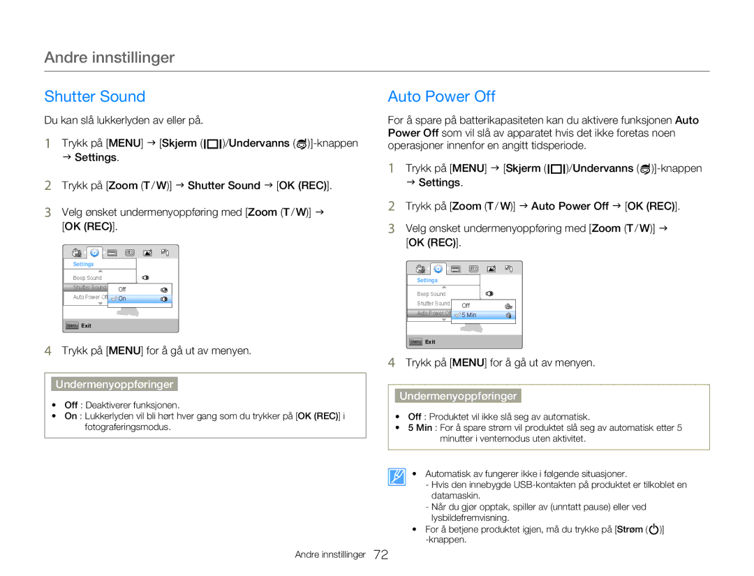 Samsung HMX-W350YP/EDC, HMX-W300YP/EDC manual Shutter Sound Auto Power Off 