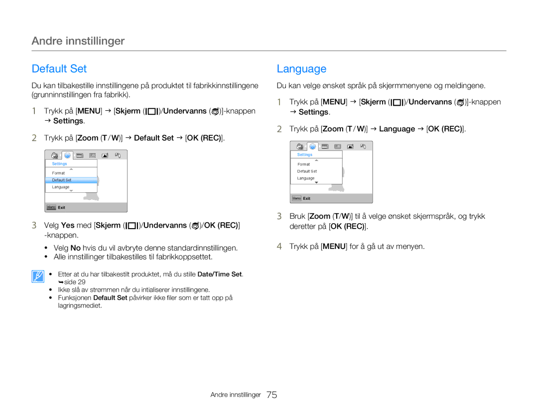 Samsung HMX-W300YP/EDC, HMX-W350YP/EDC manual Default Set, Language, Velg Yes med Skjerm Undervanns /OK REC 