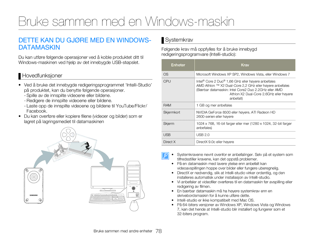 Samsung HMX-W350YP/EDC Bruke sammen med en Windows-maskin, Dette KAN DU Gjøre MED EN WINDOWS- Datamaskin, Hovedfunksjoner 