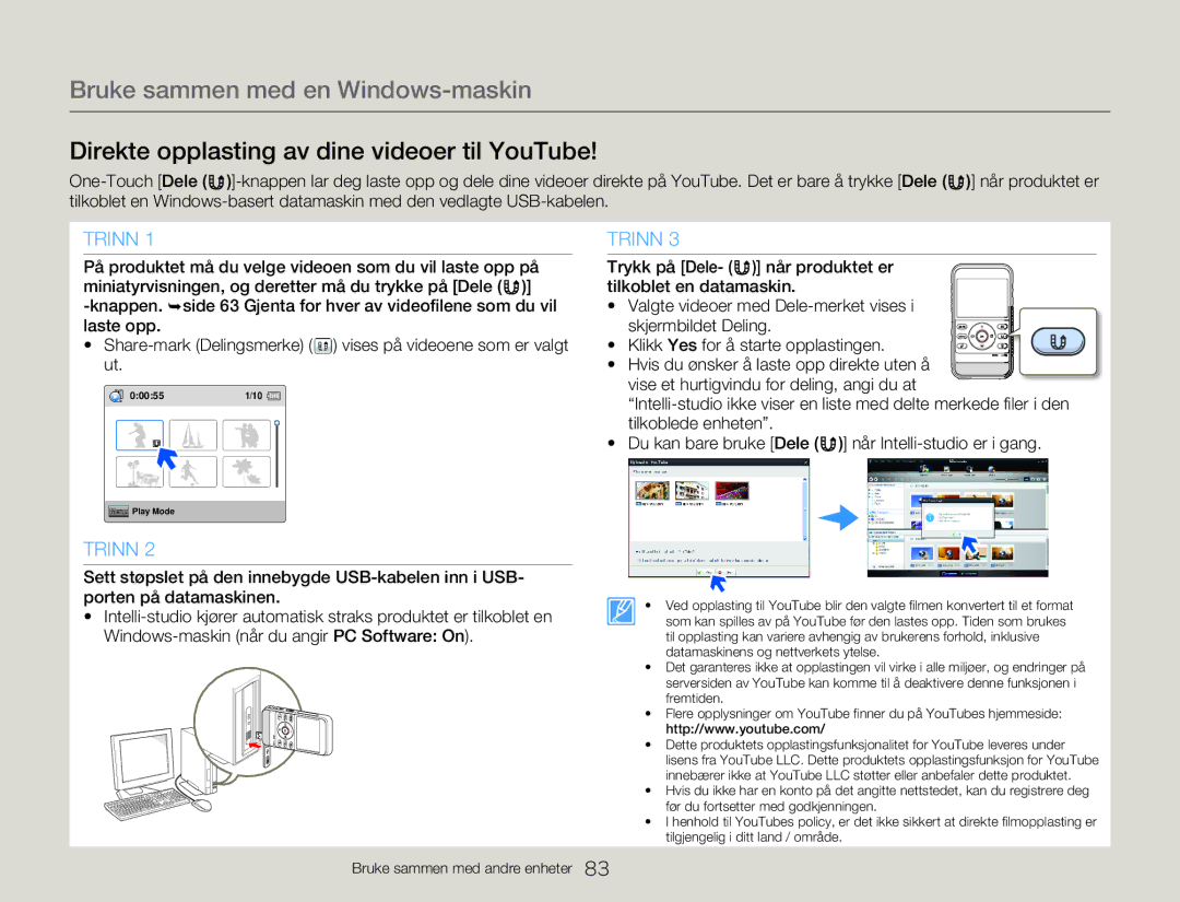 Samsung HMX-W300YP/EDC, HMX-W350YP/EDC manual Direkte opplasting av dine videoer til YouTube 