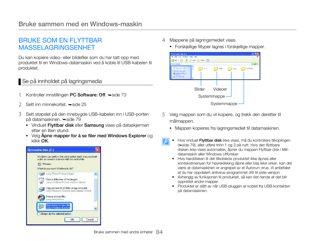 Samsung HMX-W350YP/EDC, HMX-W300YP/EDC manual Bruke SOM EN Flyttbar Masselagringsenhet, Se på innholdet på lagringsmedia 