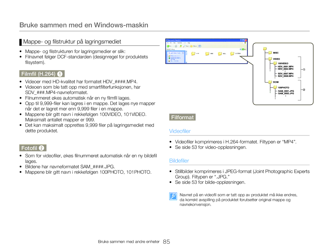 Samsung HMX-W300YP/EDC, HMX-W350YP/EDC manual Mappe- og filstruktur på lagringsmediet, Filmfil H.264, Fotofil, Filformat 