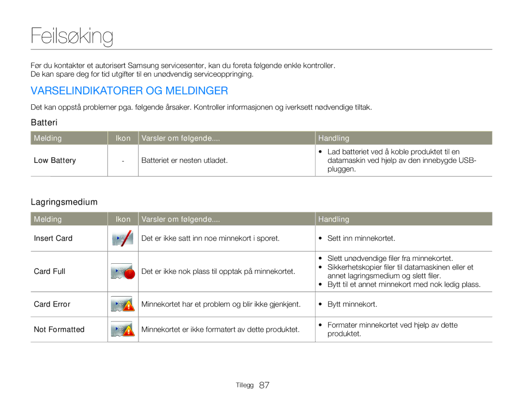 Samsung HMX-W300YP/EDC, HMX-W350YP/EDC manual Feilsøking, Varselindikatorer OG Meldinger, Batteri, Lagringsmedium 