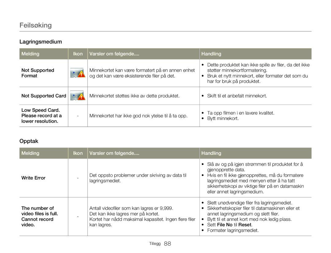 Samsung HMX-W350YP/EDC manual Feilsøking, Opptak, Slå av og på igjen strømmen til produktet for å, Gjenopprette data 