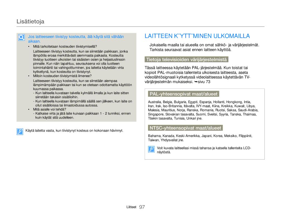 Samsung HMX-W300YP/EDC manual Lisätietoja, Laitteen Käyttäminen Ulkomailla, Tietoja televisioiden värijärjestelmistä 