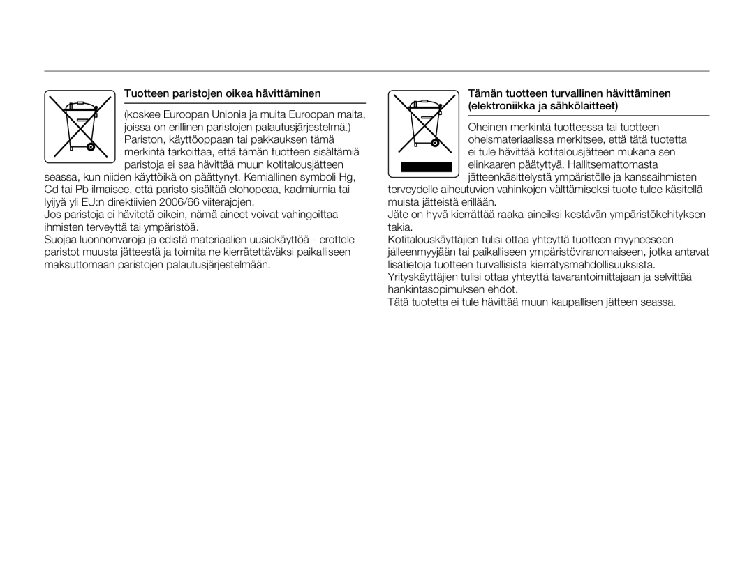 Samsung HMX-W350YP/EDC, HMX-W300YP/EDC manual Tuotteen paristojen oikea hävittäminen 