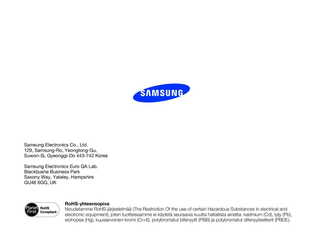 Samsung HMX-W300YP/EDC, HMX-W350YP/EDC manual RoHS-yhteensopiva 