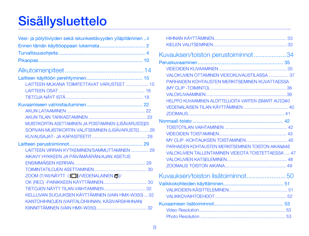Samsung HMX-W350YP/EDC, HMX-W300YP/EDC manual Sisällysluettelo, Alkutoimenpiteet 