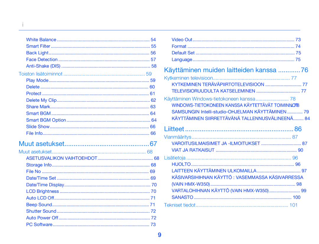 Samsung HMX-W300YP/EDC, HMX-W350YP/EDC manual Sisällysluettelo, 100 