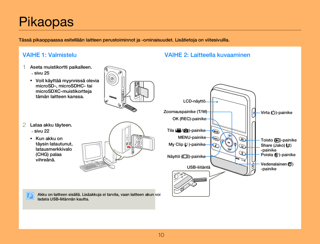 Samsung HMX-W350YP/EDC, HMX-W300YP/EDC manual Pikaopas, Aseta muistikortti paikalleen ¬sivu 