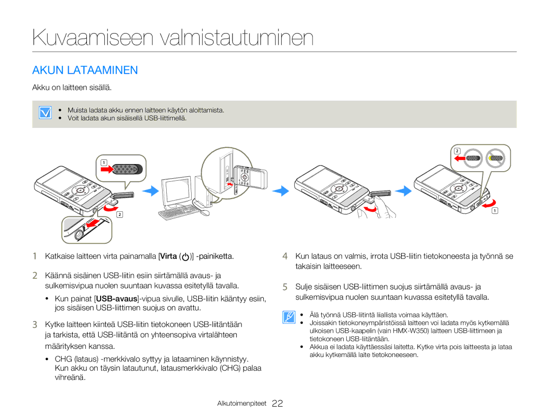 Samsung HMX-W350YP/EDC, HMX-W300YP/EDC manual Kuvaamiseen valmistautuminen, Akun Lataaminen, Akku on laitteen sisällä 