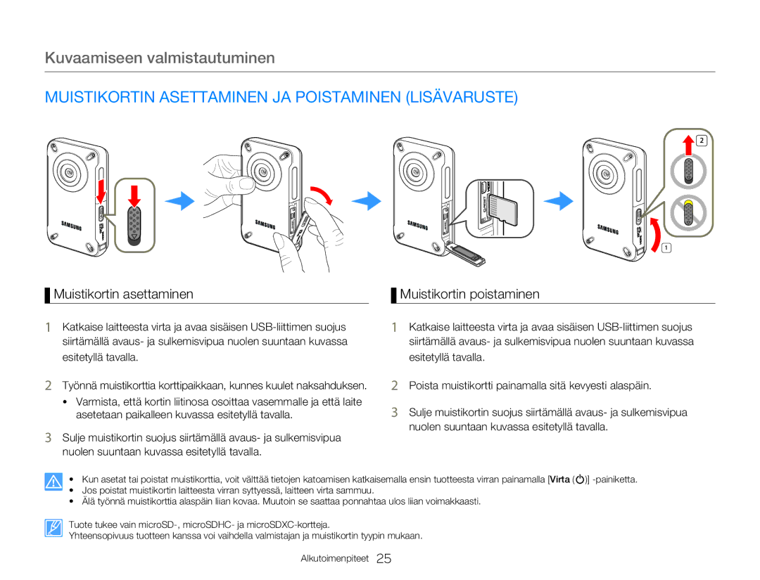 Samsung HMX-W300YP/EDC, HMX-W350YP/EDC manual Muistikortin Asettaminen JA Poistaminen Lisävaruste, Muistikortin asettaminen 