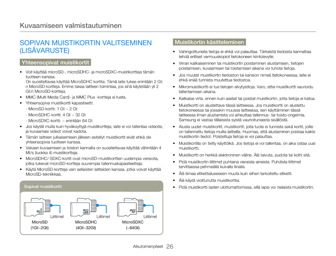 Samsung HMX-W350YP/EDC, HMX-W300YP/EDC manual Sopivan Muistikortin Valitseminen Lisävaruste, Muistikortin käsitteleminen 