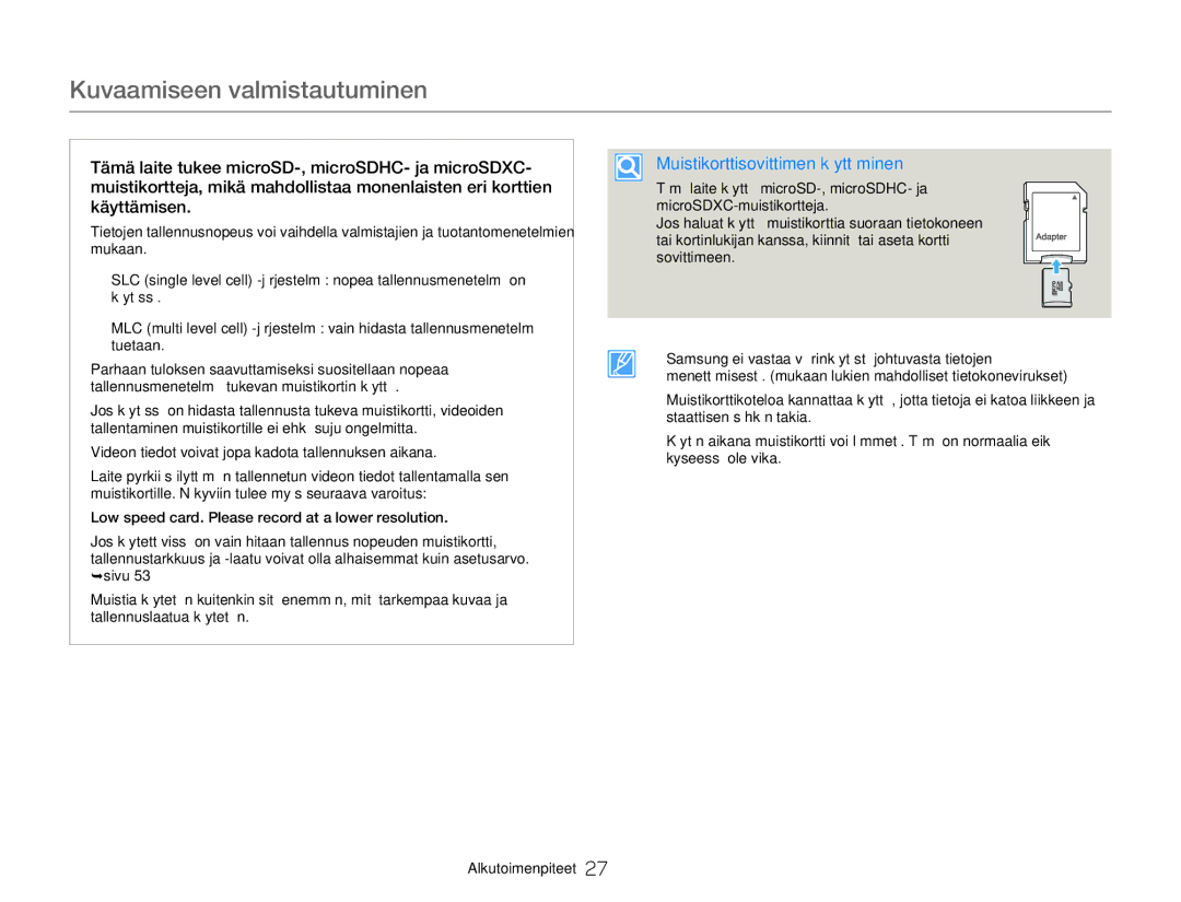 Samsung HMX-W300YP/EDC, HMX-W350YP/EDC manual Muistikorttisovittimen käyttäminen 