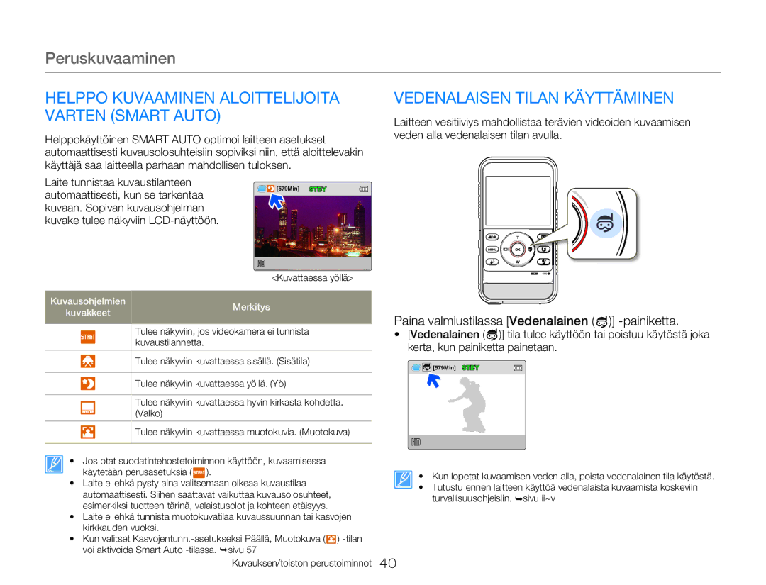 Samsung HMX-W350YP/EDC, HMX-W300YP/EDC Helppo Kuvaaminen Aloittelijoita Varten Smart Auto, Vedenalaisen Tilan Käyttäminen 