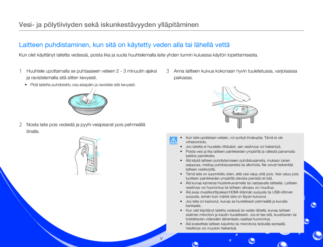 Samsung HMX-W300YP/EDC, HMX-W350YP/EDC manual Vesi- ja pölytiiviyden sekä iskunkestävyyden ylläpitäminen 