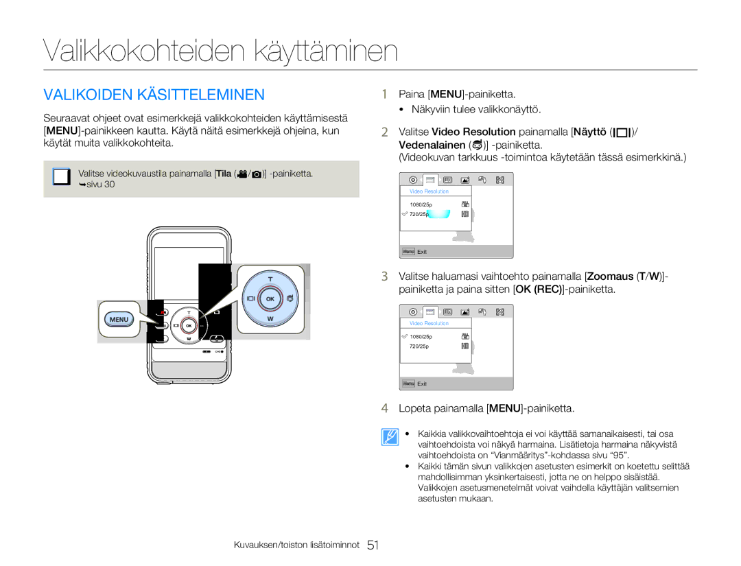 Samsung HMX-W300YP/EDC, HMX-W350YP/EDC manual Valikkokohteiden käyttäminen, Valikoiden Käsitteleminen 