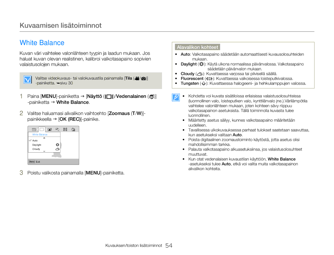 Samsung HMX-W350YP/EDC, HMX-W300YP/EDC manual Kuvaamisen lisätoiminnot, White Balance 