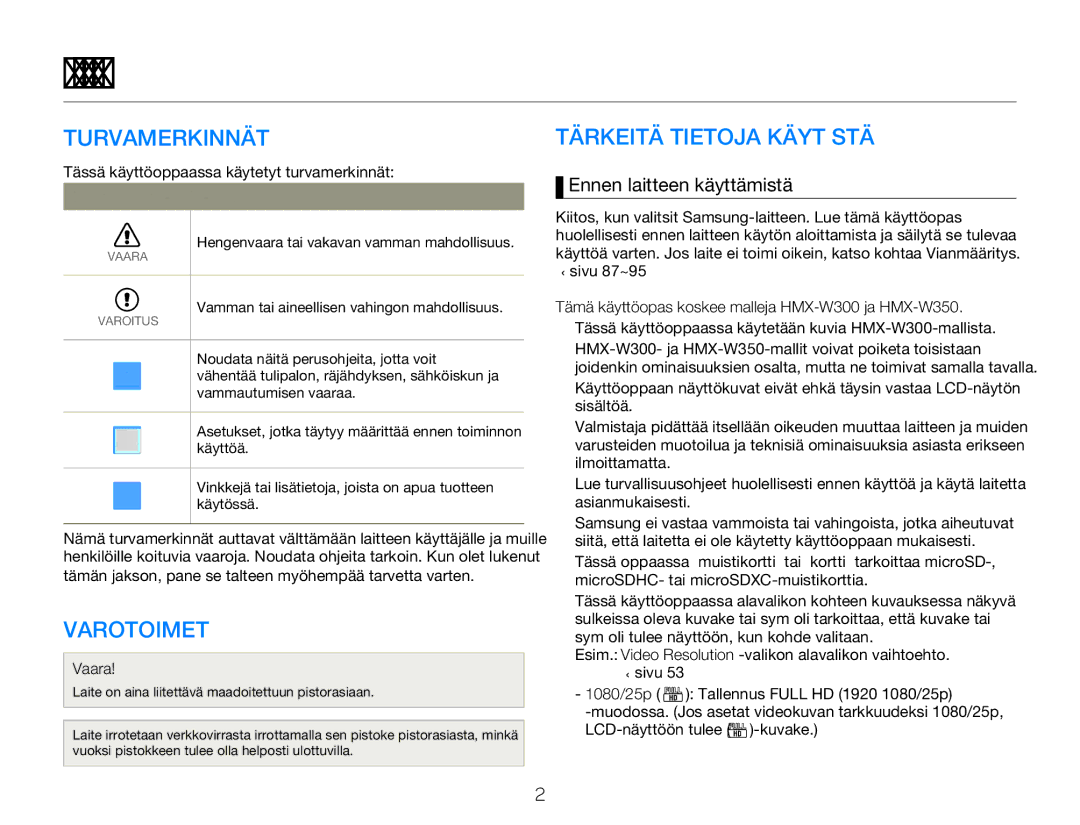 Samsung HMX-W350YP/EDC manual Ennen tämän käyttöoppaan lukemista, Turvamerkinnät, Varotoimet, Tärkeitä Tietoja Käytöstä 